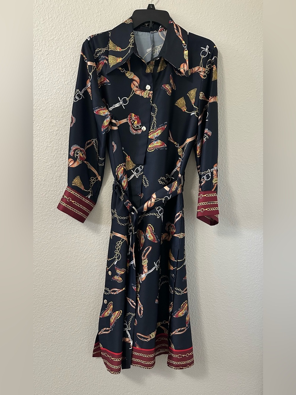 Navy Chain and Butterfly Print Shirt Dress with Gold Buttons and Belt